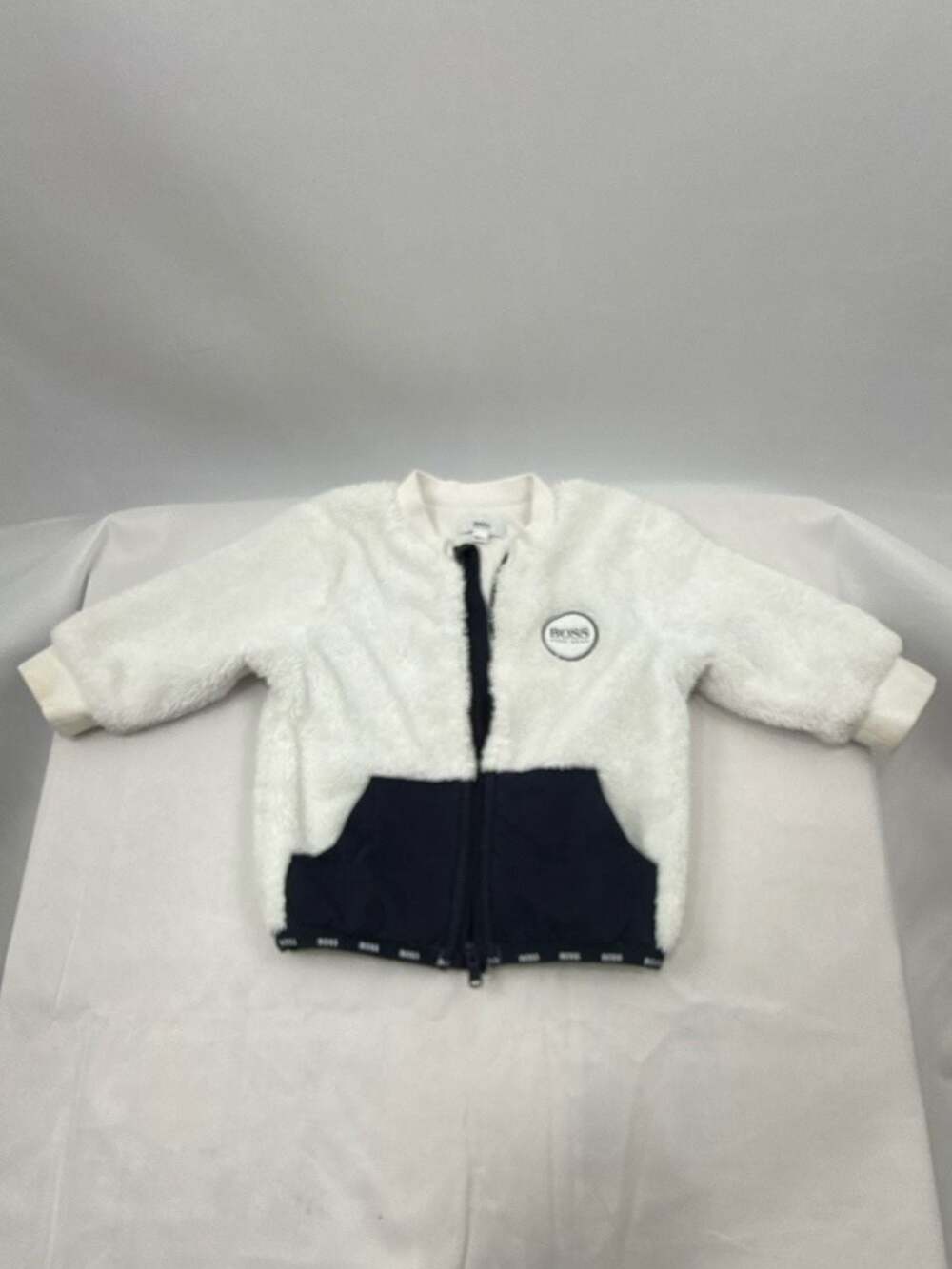 BOSS Baby 9 month White Faux Shearling Teddy Fleece  with Navy Pockets Hugo Boss